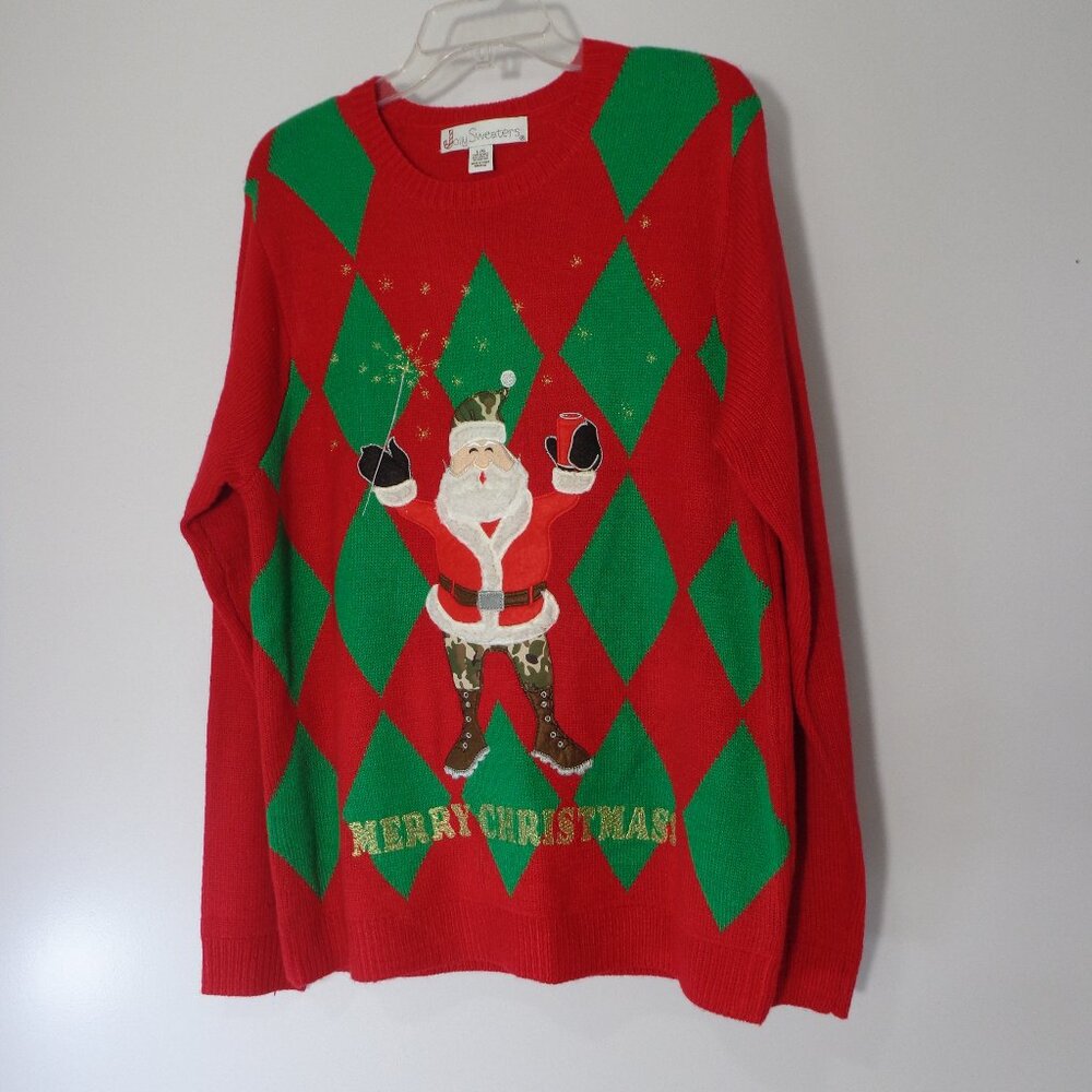 Jolly Sweater Men's Merry Christmas Santa Ugly Christmas Red Sweater Size‎ L